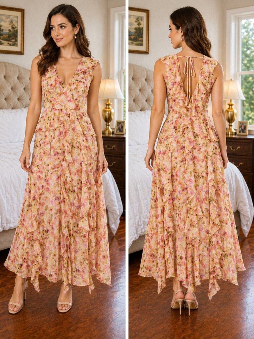 NWT MISA Claudita Pink Floral Ruffle Maxi Dress $490